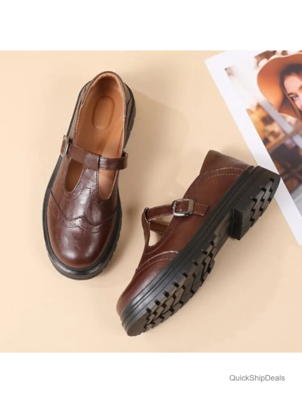 Women's Mary Jane Oxfords Platform T-Strap Buckle Faux Leather Shoes